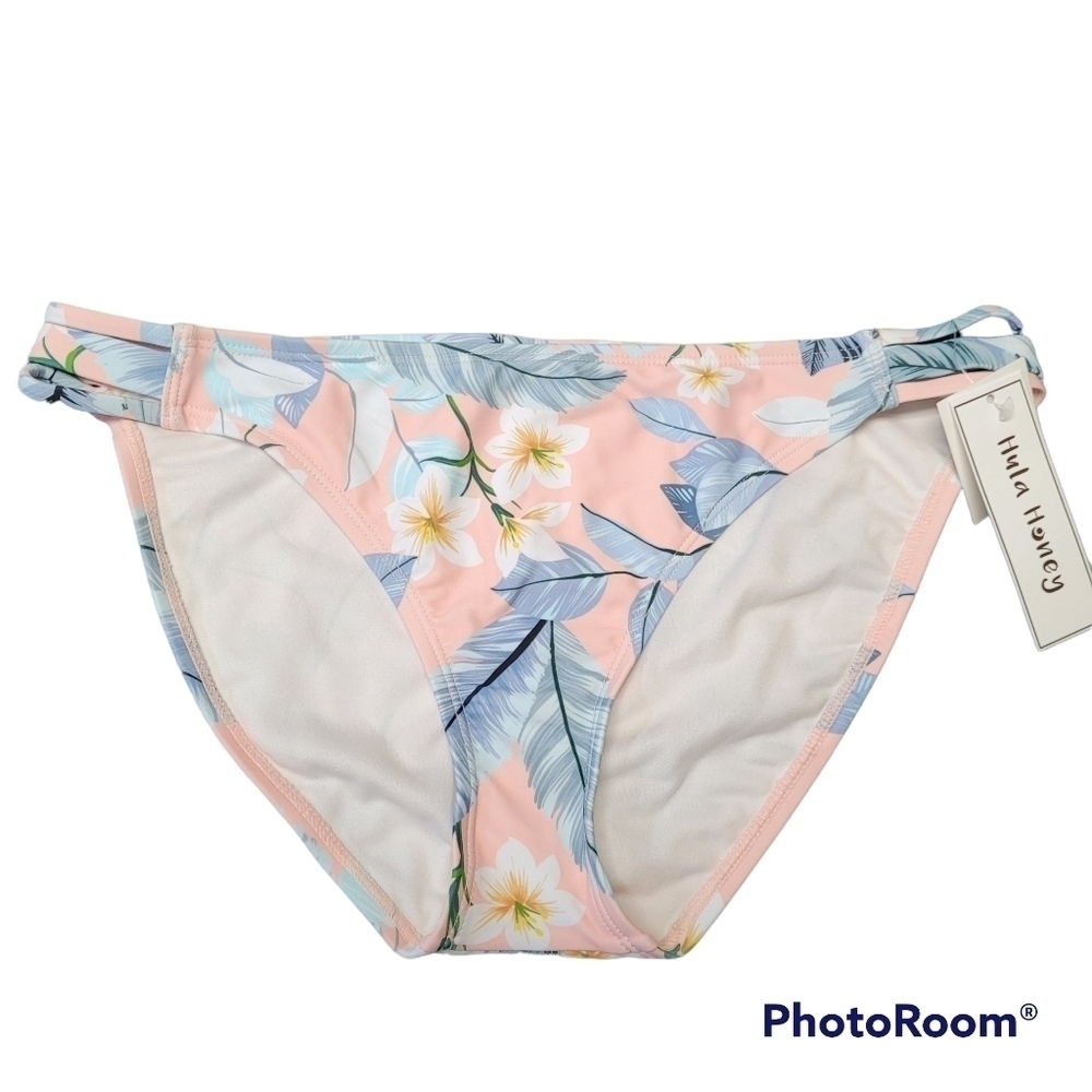 Hula Honey Pink Floral Tropical Blossom Strappy Beach Bikini Bottoms Large